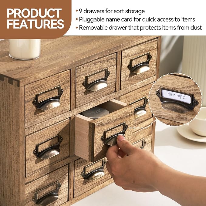 KIRIGEN Wooden Desk Storage Cabinet with 9 Mini Drawers, Solid Wood Desktop Organizer with Metal Label Handles for Office Supplies, Crafts, Tea Bags, Makeup, Brown 9CG-DBR