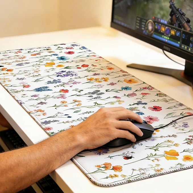 Wild Flower Mouse Pad,35.4 x 15.7 Inch Large Mouse Mat Non-Slip Rubber Stitched Edges for Writing Desk,Office,Home,Laptop