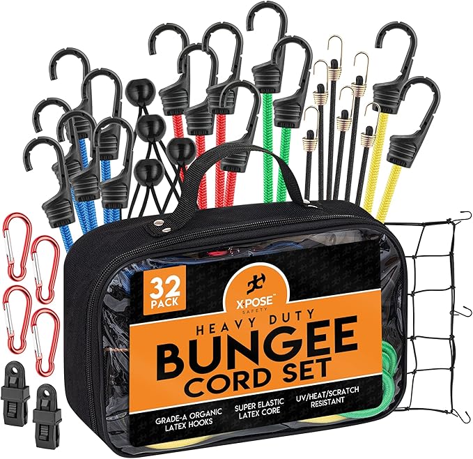 Heavy Duty 32pc Bungee Cord Set with Hooks, Canopy Ties, Luggage Net & Organizer Bag - Assorted Sizes (18", 24", 32", 40") for Outdoor, Bike Racks, Motorcycles