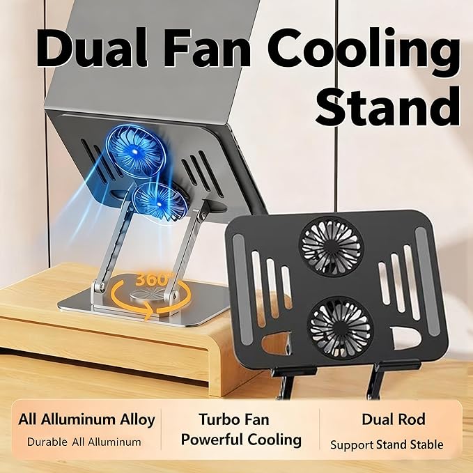 Selbst Laptop Stand for Desk with Quiet Cooling Fans - 360 Rotating Base Ergonomic Computer Stand, Aluminum Laptop Riser Foldable Protable for Office Home fits MacBook Air Pro, Dell, HP (10-17.3'')