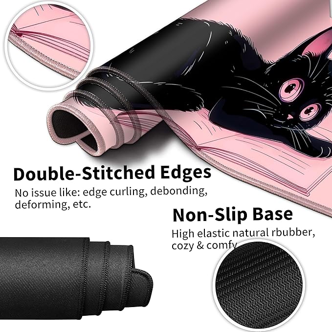 Extended Mouse Pad with Coaster 31.5 x 11.8 Desk Pad Full Desk Mousepad Stitched Edges Desk Mat Long Large Gaming Mouse Pad for Desk Office Home Cat Pink