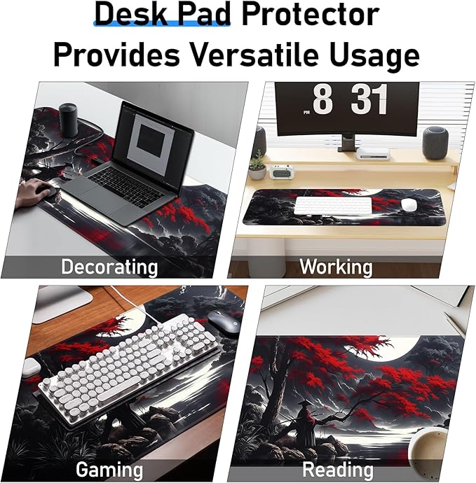 Japanese Dark Red Moon Gaming Mouse Pad, Extended Mouse Pad with Non-Slip Base, Full Keyboard Pad with Stitched Edges, Large Desk Pad for Gaming, Office, Home 31.5 x 11.8 Inch