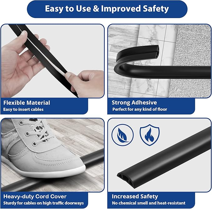 ZhiYo Floor Cord Cover 4ft, Cord Hider Floor Black, Cable Management Cover Prevent Cable Trips, Wire Covers for Electric Power Cords, Wire Protector Cavity W0.47 x H0.28