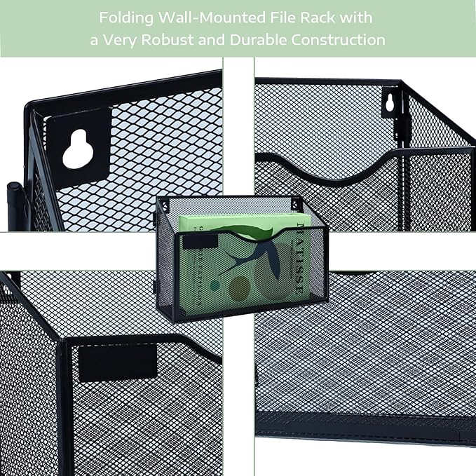 1 Tier Wall Mount File Holder, Black Metal Mesh A4 Document Organizer, Hanging Mail Sorter & Magazine Rack for Office Home School, Durable Space-Saving Filing Storage