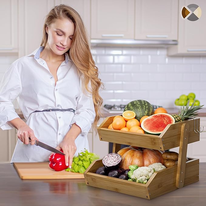 2 Tier Fruit Basket for Kitchen Counter, Large Capacity Fruit Storage Countertop, Fruit Holder, Wooden Pantry Organizers and Storage, Kitchen Countertop Organizer With 2 Banana Hangers (Walnut)