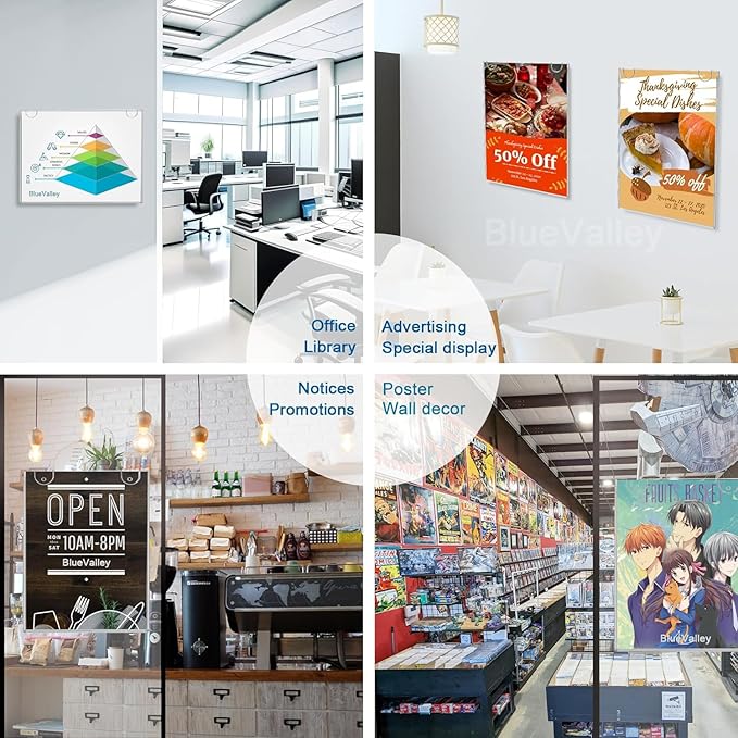 BlueValley 3 Pack Acrylic Wall Sign Holder 8.5x11 Horizontal - Clear Plastic Flyer, Document & Poster Frame for Office, Restaurants, Classrooms, Trade Shows - Wall Mounted Display with Screws & Adhesive Tape
