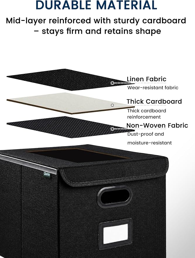 Qerlei File Organizer Boxes with Lids,Collapsible File Folder Organizer with Plastic Slide,Collapsible Filing & Storage Boxes for Office/Decor/Home (Black, 1 Pack)