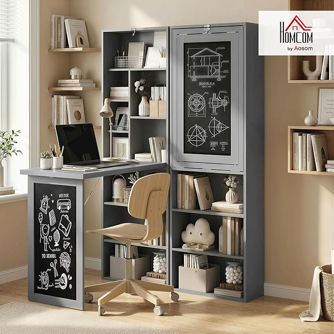 HOMCOM Fold-Out Convertible Writing Table, Computer Desk with Blackboard and Side Shelf Multi-Function Home Office Workstation, Charcoal Gray