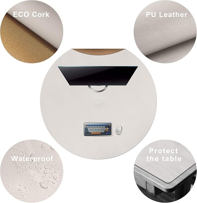 CENNBIE 42/40/36/32/30 Inches Round Table Mat - Cork Leather Table Pad Protector - Suitable as Side Dining Coffee Table Cover - Can Be Cut to Fit (Cream)