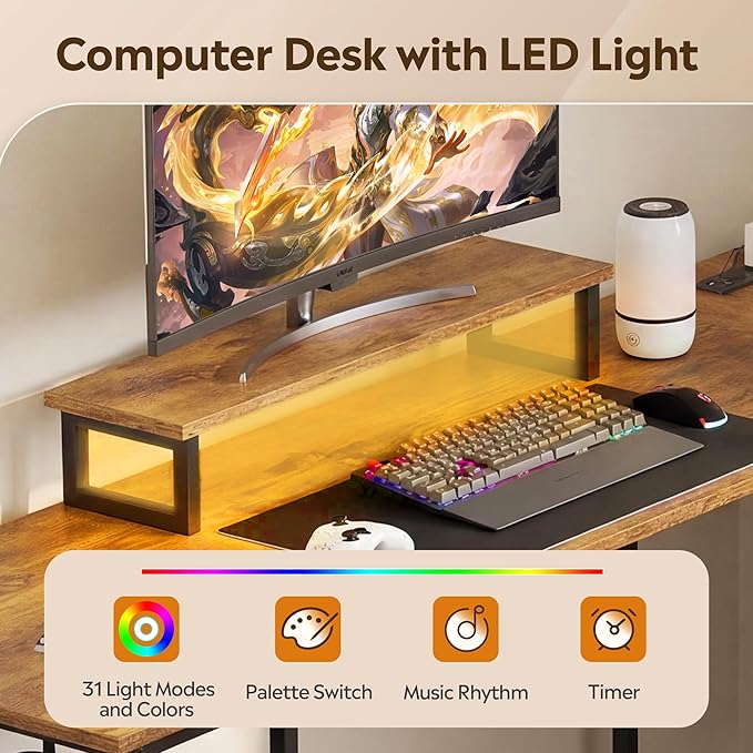 DEVAISE 66 Inch L Shaped Gaming Desk with Drawers and Storage, Corner Desk with LED Lights, Power Outlets, Computer Desk with Monitor Stand, Office Desk for Home, Rustic Brown