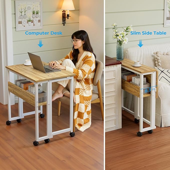 GreenForest Folding Desk with Wheels, 24.8 Inch Compact Rolling Computer Table with Storage Shelf, Portable Mobile Workstation for Small Spaces, Easy Assembly, Oak