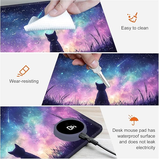Heated Mouse Pad,Warm Desk Pad with 3 Levels Heating & 3 Hours Auto Shut-Off, PU Leather Heated Desk Pad Warmer Pad for Home Office - 31.5 x 13 inch,Starry Cat