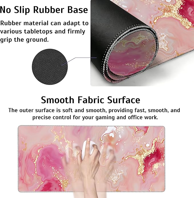 Pink Gold Marble Mouse Pad,35.4 x 15.7 Inch Large Mouse Mat Non-Slip Rubber Stitched Edges for Writing Desk,Office,Home,Laptop