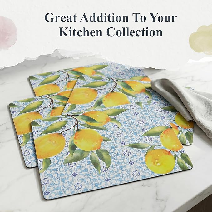 Pimpernel Amalfi Lemons Placemats, Set of 4 - Vibrant Yellow Citrus Table Mats with Blue & White Tile Pattern, Heat & Stain Resistant for Dining, Kitchen, Summer Entertaining & Gift Ideas (12" x 16")