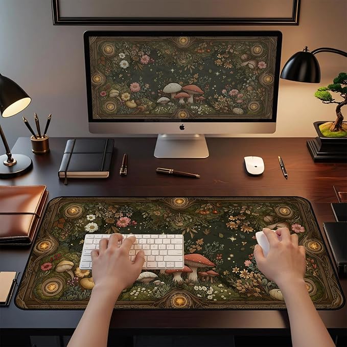 Mushroom Mouse Pad, Retro Forest Plant Flower Desk Mat,Large Gaming Mouse Mat with Stitched Edges,Non-Slip Waterproof Rubber Base Mouspad for Office Computer Keyboard Laptop Home,31.5"X15.7"