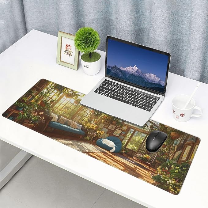 Cat Pattern Mouse Pad 31.5 X 11.8 Inch Big Desk Rubber Base Stitched Edges Keyboard Pad XXL Mouse Mat for Home Game and Office