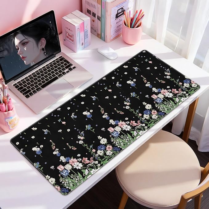 DINKY Leather Desk Protector Mouse Pad, Large Keyboard Mat, Non-Slip PVC Leather Blotter, Black Laptop Pad, Waterproof Writing Pad for Office Home 35.4" x 15.7", Flower Rain