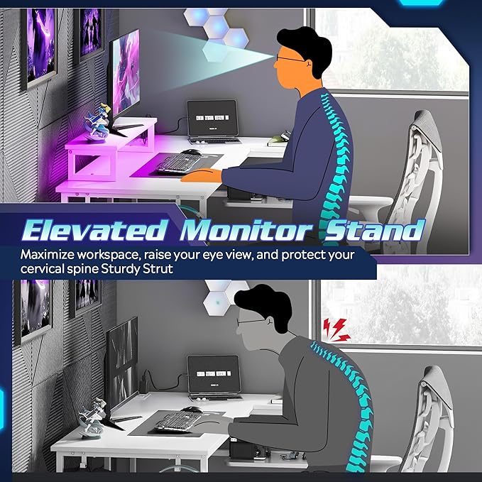DEVAISE 47" L Shaped Gaming Desk with LED Lights and Power Outlets - Spacious Corner Computer Table with Monitor Stand and Storage Shelves for Work and Gaming, White