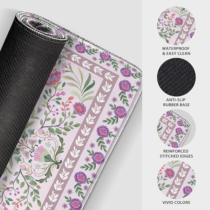 Purple Floral Desk Mat, 31.5"x15.7" Large Mouse Pad, Anti-Slip Rubber Base Keyboard Pad with Stitched Edges, Water-Resistant Smooth Desk Blotter, Computer Mat for Home Office Desk