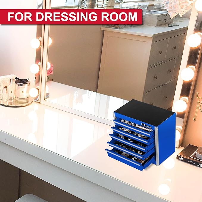 P.I.T. Mini Tool Box 8.6"W X 4.6"D, Portable 5-Drawer Micro Steel Stackable Toolbox with Liner, Blue Cute Tool Case for Small Tools Parts Storage, Home DIY