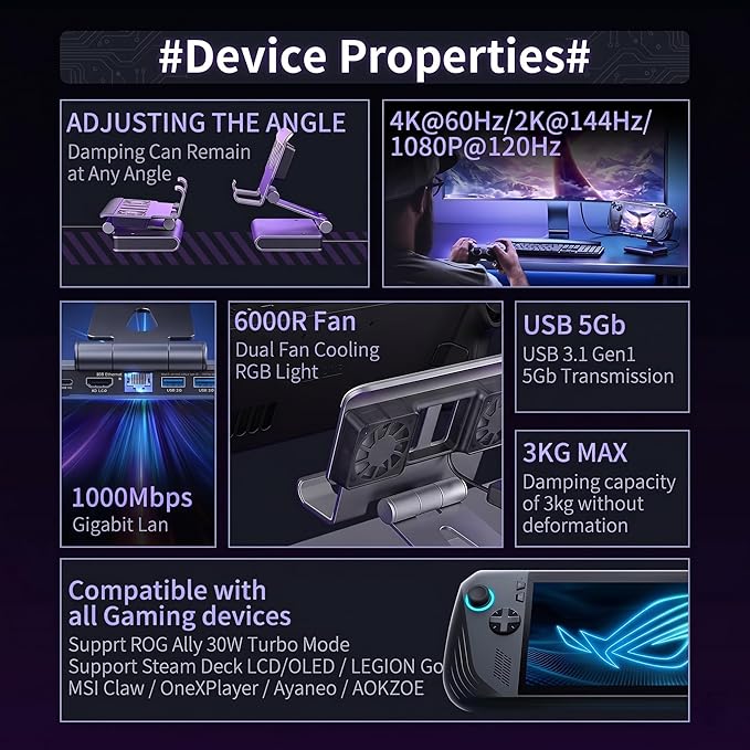 6-in-1 Gaming Docking Station, Built-in Cooling Fan & RGB Light, 4K@60Hz HDMI, Gigabit Ethernet, 100W PD Charging, Adjustable Stand, Portable Dock for Steam Deck, ROG Ally, Legion Go