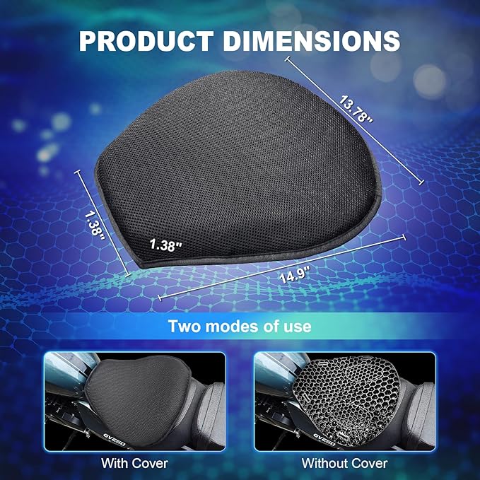 Motorcycle Seat Cushion, 3D Honeycomb Gel Pad, Pressure Relief Shock Absorption, Breathable Non-Slip Universal Cover for Long Ride, Fits Cruiser Street Touring Bike (Four Seasons)