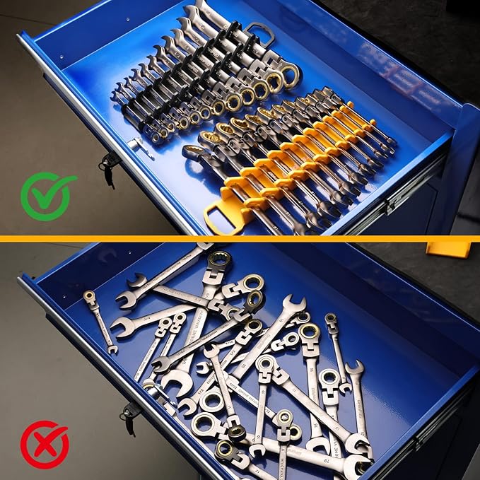 GRENPRO Wrench Organizer for Tool Box, 2 Pack Magnetic Wrench Holders with Handle, SAE & Metric Wrench Rack for Tool Box Drawer Storage