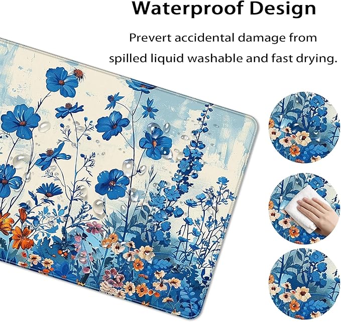 35.4 x 15.7 in, XXL Large Mouse Pad for Desk, Extended Keyboard Mouse Mat for Computer Office, Big Mouse pad with Stitched Edges, Gaming Pc-Blue Flower and Weeds