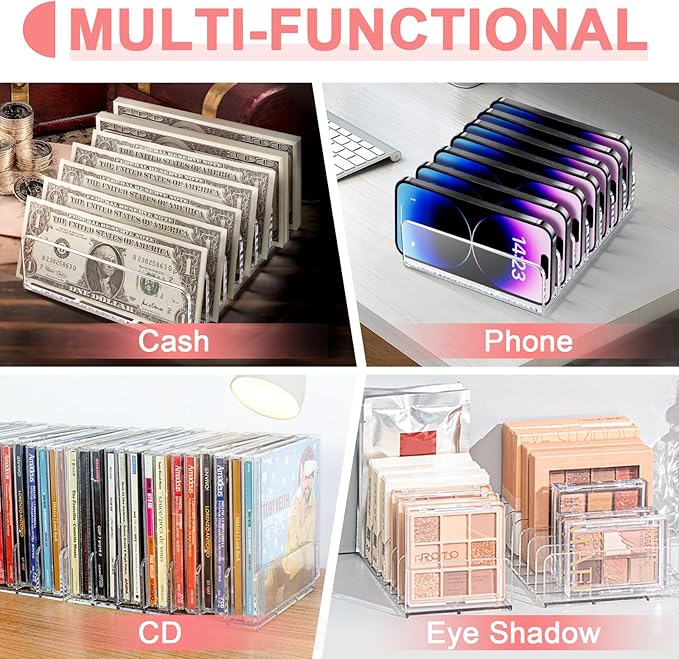 Vowcarol 2 Packs Acrylic Mail Organizer 7 Slots Cash Tray for Desk - 7 Slots File Organizer Clear Desktop Bill Divider Holder, Envelope Holder, Transparent Countertop Mail Holder