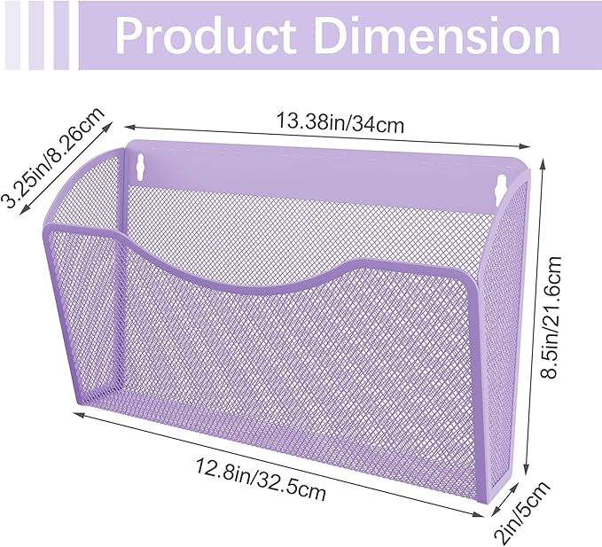 EasyPAG Wall File Organizer, Metal Mesh Hanging File Folder Holder for Letter/A4 Size Folders, Vertical Wall Mount Mail Sorter for Office Paperwork, Classroom, Purple
