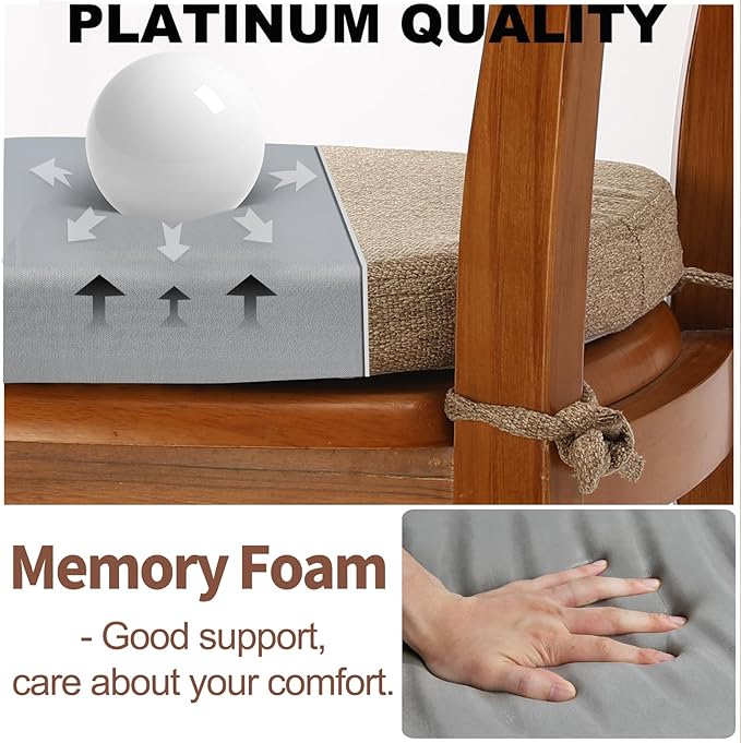 SINOSSO 6 Pack Memory Foam Chair Cushions for Dining Chairs, Friendly Woven Fabric 16" U-Shape Comfortable Kitchen Chair Pads, Removable Slip Resistant Seat Cushions (Set of 6, Linen)