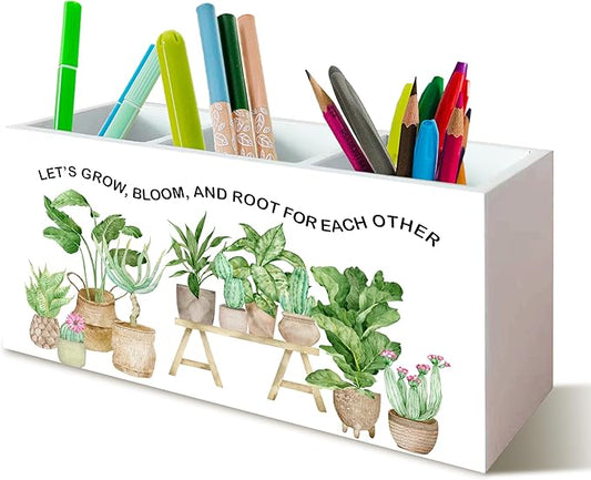 Inspirational Teacher Classroom Decor Wooden Pen Pencil Holder for School Classroom Office Desk, Back to School Supplies for Teachers, Let Is Grow Inspirational Teachers Gifts