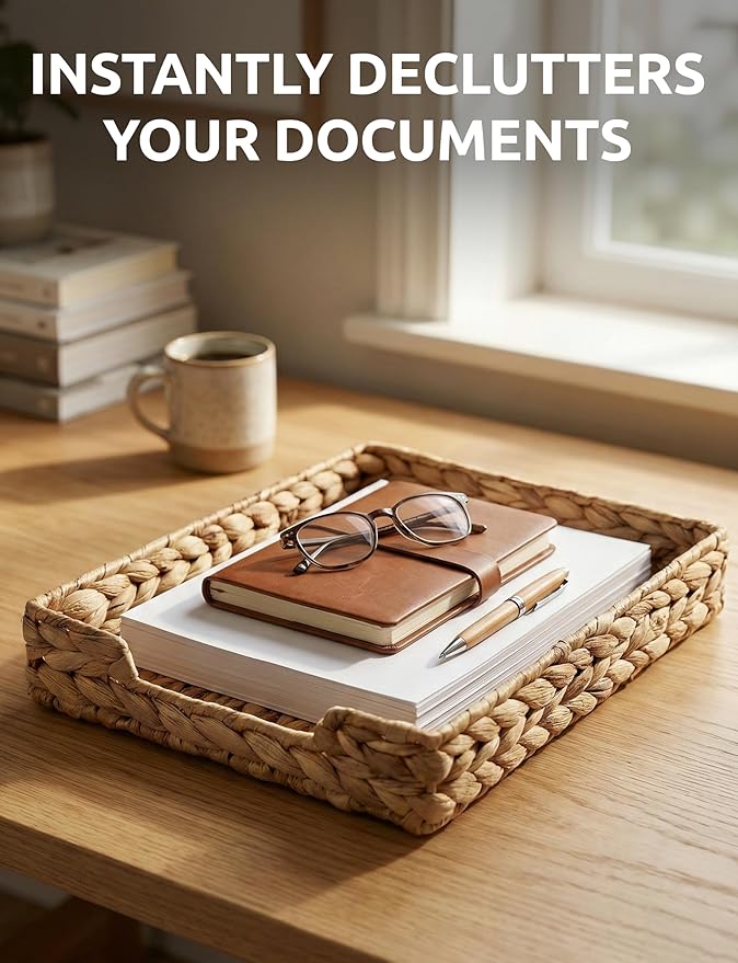 Demigo Water Hyacinth Letter Tray - Desk Organizer & Paper Basket for Mail, A4 File - Sturdy Woven Storage, File Holder with Metal Frame, Rustic Boho Office Decor & Magazine Sorter