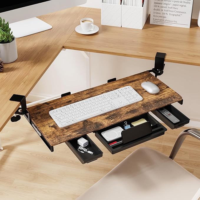 ETHU Keyboard Tray Under Desk, Ergonomic Corner Keyboard Tray with 180° Adjustable C Clamp for L Shape Desk 26.77" X 12.2" Easy to Install, Computer Keyboard Stand for Home and Office(Wood)
