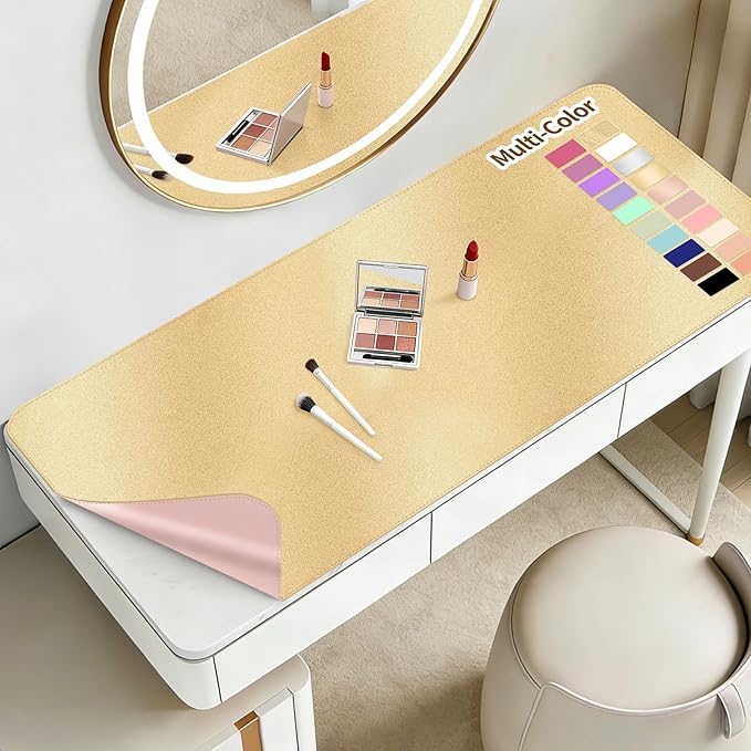 Makeup Mat for Vanity to Protect Desk Top 31.5 x 15.7 in, Dual-Sided Makeup Mat, Easy to Clean Desk Pad - Waterproof and Oilproof Vanity Accessories (Gold and Pink)