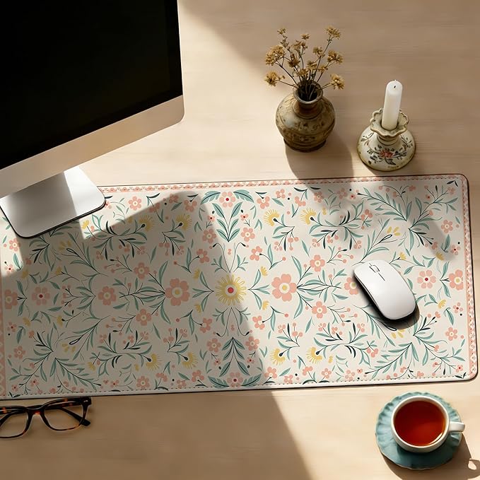 Pink Floral Mouse Pad,35.4 x 15.7 Inch Large Mouse Mat Non-Slip Rubber Stitched Edges for Writing Desk,Office,Home,Laptop