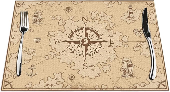 Placemats Set of 4, Nautical Island Map Vintage Placemats Heat Resistant for Dining Table Non-Slip 18x12 Inches