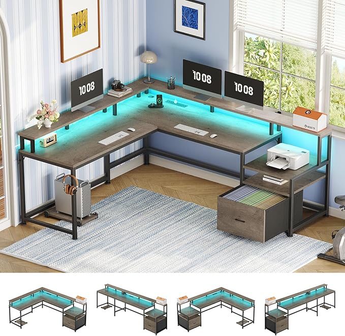 SEDETA 66" L Shaped Desk with Power Outlet, Reversible Home Office Computer Desk with File Drawer & Monitor Shelf, Storage Shelves, LED Lights for Corner Small Spaces, Walnut