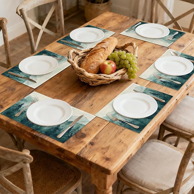 Watercolor Forest Landscape Linen Placemats Set of 6, Decorative Table Mats 12x18 Inch, Washable Heat Resistant Placemats for Dining Table Kitchen Home Decor