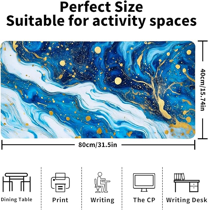 Modern Blue Marble Desk Mat, Luxurious PU Leather Desk Pad - Large Non-Slip Office Mat for a Stylish Gaming & Home Workspace, Aesthetic Desk Decor （31.5 * 15.75in）