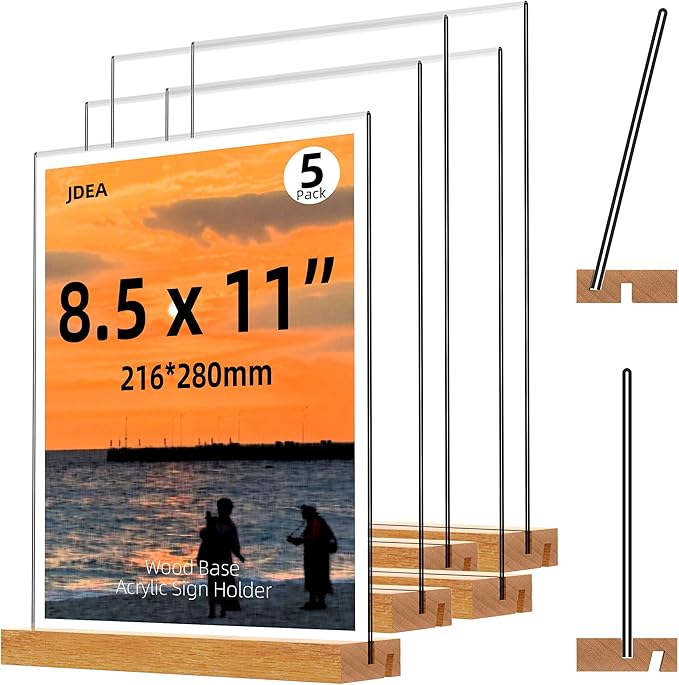 Acrylic Sign Holder with Wood Base 8.5x11 Inch Vertical and Slant Displays (5 Pack 8.5*11")