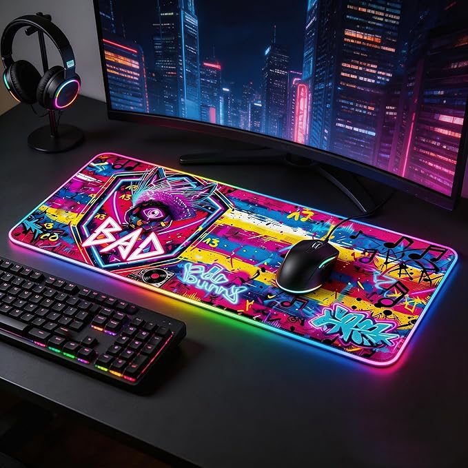 Cyberpunk Neon Rabbit RGB Gaming Mouse Pad – 31.5"x11.8" Large LED Desk Mat with Urban Street Art Design Third Eye, Shield & Straw Hat Motif for PC & Laptop Setup