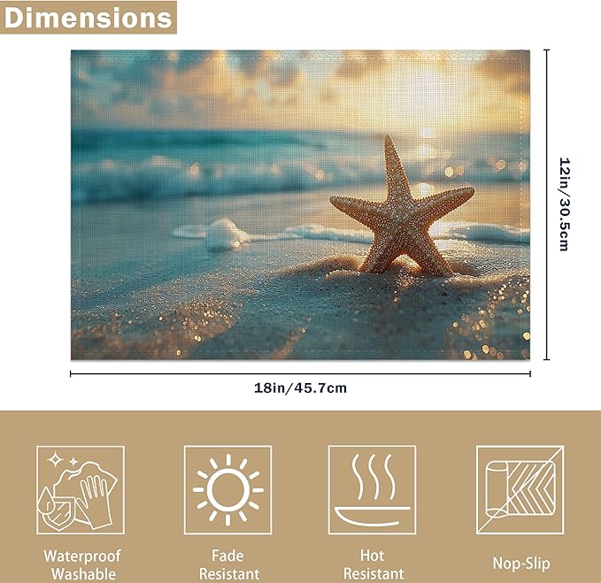 Sunrise Starfish Beach Linen Placemats Set of 6, Decorative Table Mats 12x18 Inch, Washable Heat Resistant Placemats for Dining Table Kitchen Home Decor