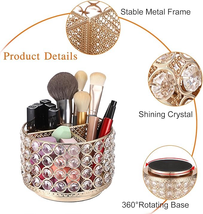 Hipiwe Crystal Vanity Organizer 360 Rotating Makeup Brush Holder Spinning Cosmetic Brushes Display Holder Gold Vanity Storage Holder Multi-Functional Desk Organizer for Eyebrow Pen Pencil, 4-Slot
