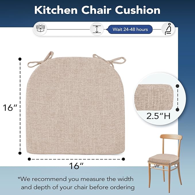 Chair Cushions for Dining Chairs, Non Slip Chair Pads with Ties and Washable Covers, Memory Foam Kitchen Chair Cushions Set of 4, 16"X16"X2.5", Oatmeal Beige