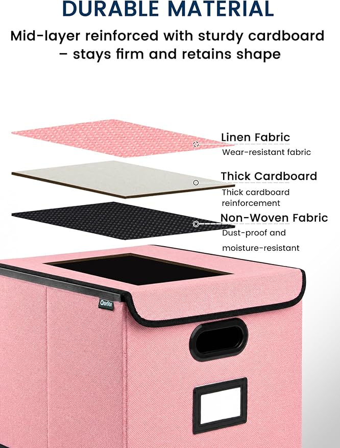 Qerlei File Organizer Boxes with Lids,Collapsible File Folder Organizer with Plastic Slide,Collapsible Filing & Storage Boxes for Office/Decor/Home (Pink, 2 Pack)
