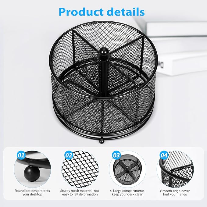 360°Rotating Desk Organizer, Pen Holder for Desk with 4 Compartments, Silverware Organizer for Kitchen Counter,Vanity Makeup Brush Stand, Multi-Functional Pencil Holder for Supplies