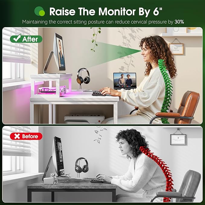 EnHomee 48" Reversible L-Shaped Computer Desk with 40-Mode RGB LED,3AC &1 Type-C Charging Station, 3 Drawers, 35.4''Monitor Riser, White Desk for Gaming, Home Office, Bedroom, Study Room,Vanity, White