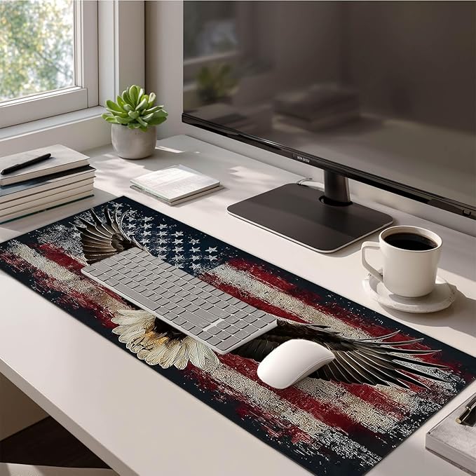 HOMETITUTE XL Mouse Pad 31.5 x 11.8 Inch Bald Eagle American Flag Desk Mat Large Extended Keyboard Mat Computer Desk Pad Non Slip Waterproof Mouse Pads Gaming Office Accessories