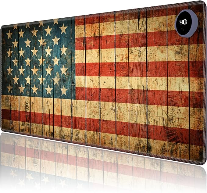 Heated Mouse Pad,Warm Desk Pad with 3 Levels Heating & 3 Hours Auto Shut-Off, PU Leather Heated Desk Pad Warmer Pad for Home Office - 31.5 x 13 inch,Vintage American Flag